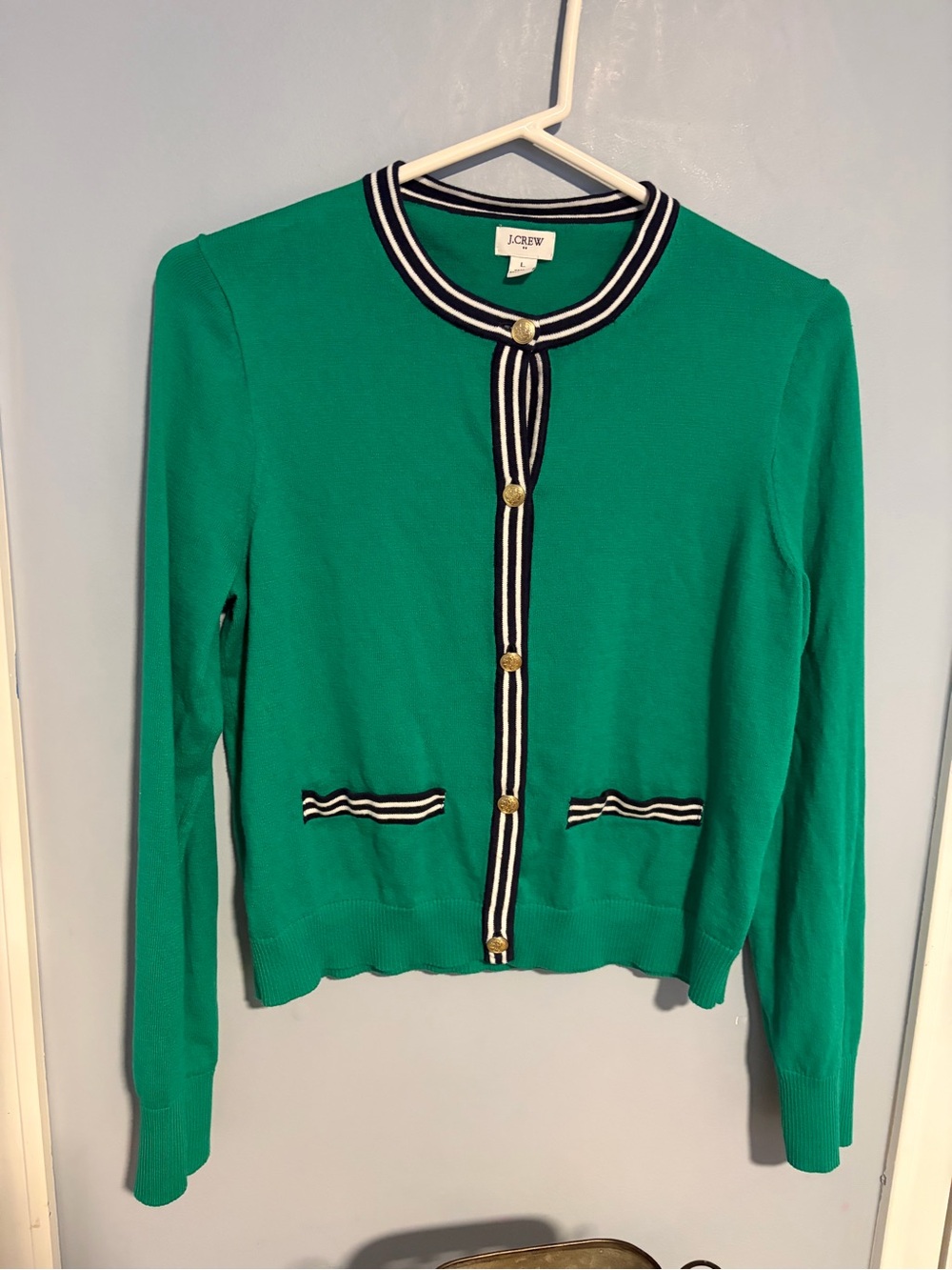 J. Crew Emerald Green Cardigan with Navy & White Trim